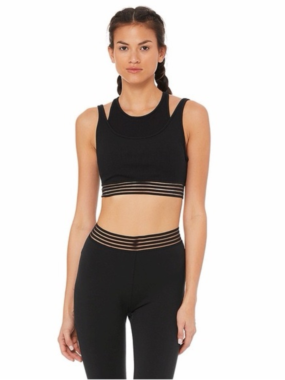 ALO Yoga Gaze Layered Black Double-Strap Crop Sports Bra with Sheer Band — Small
